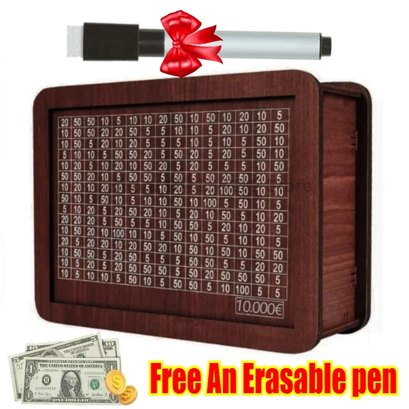 Handmade Wooden Money Box with 10,000 Savings Goal Counter – Reusable Piggy Bank for Kids & Adults