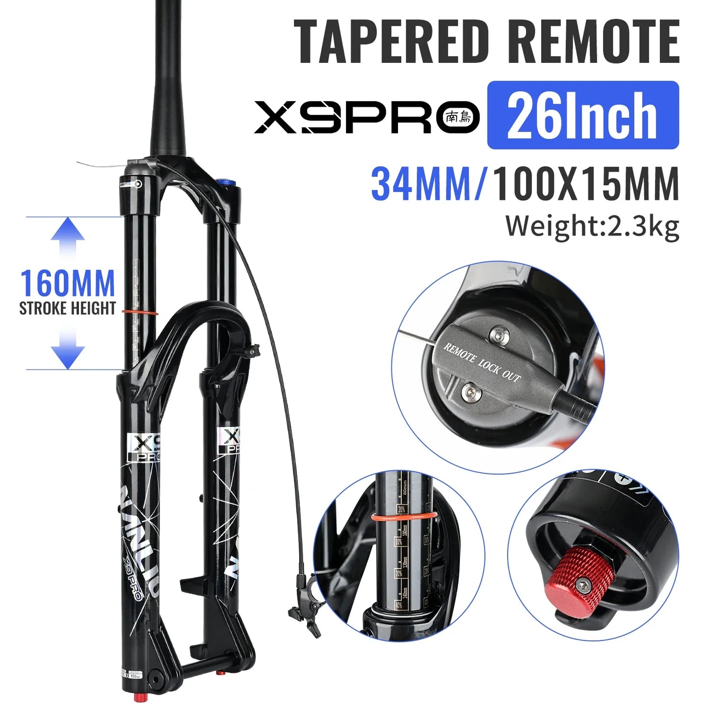 34mm MTB Suspension Fork for 26/27.5/29 in Wheels, Oil & Air Damping, 140/160mm (5.5/6.3 in) Travel with Metal Bushings
