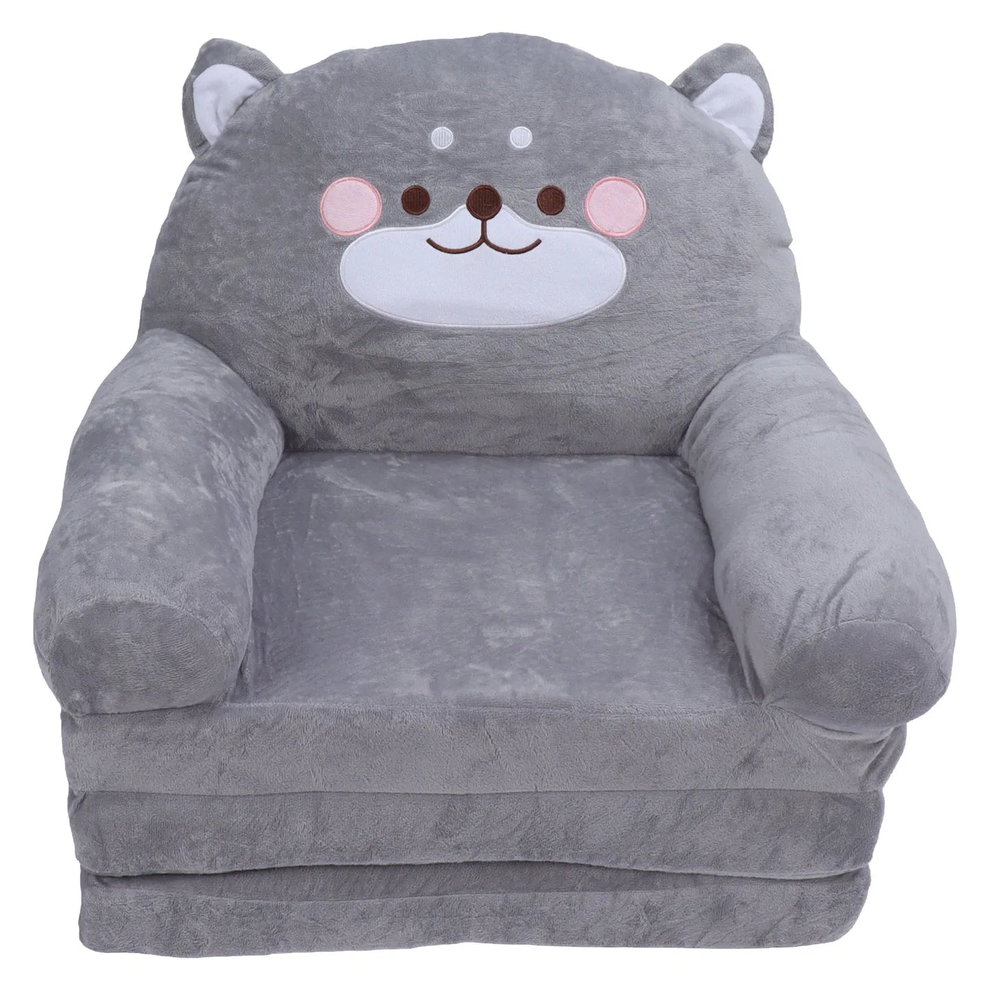 Cartoon Gray Dog Kids Sofa Foldable Toddler Chair - Soft Breathable Plush Armrest for Reading, Relaxing & Napping