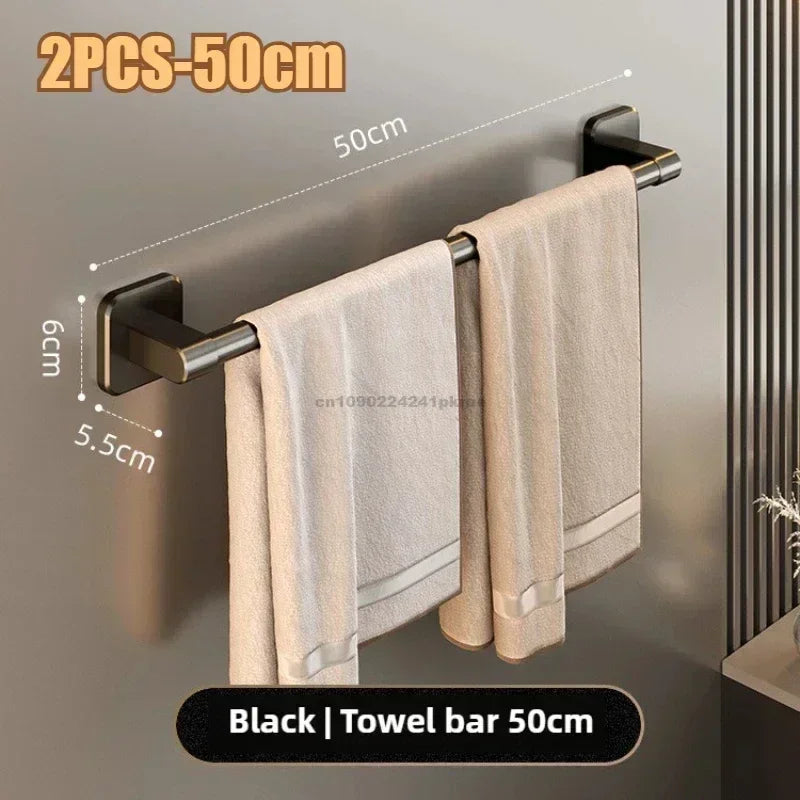 Self-Adhesive No-Drill Bathroom Wall Towel Rack 20-24 in (50-60 cm) Aluminum Single Bar with Hooks