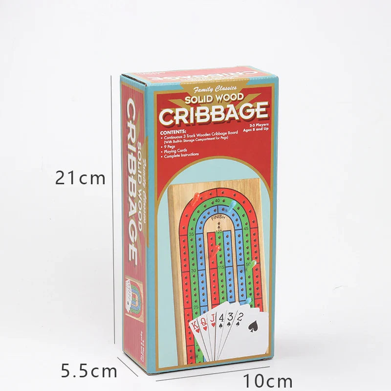 Wooden 3-Track Cribbage Board Game with 9 Pegs — Portable Classic Family Travel Card Game