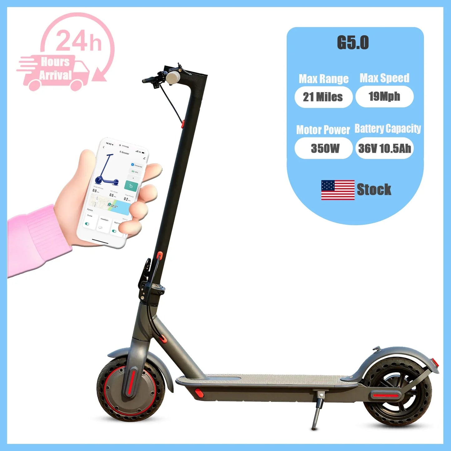 Foldable Electric Scooter 350W 36V, 21 Mile (34 km) Range, 19 MPH (30 km/h), 8.5-inch (216 mm) Tires, Disc Brake, App Control