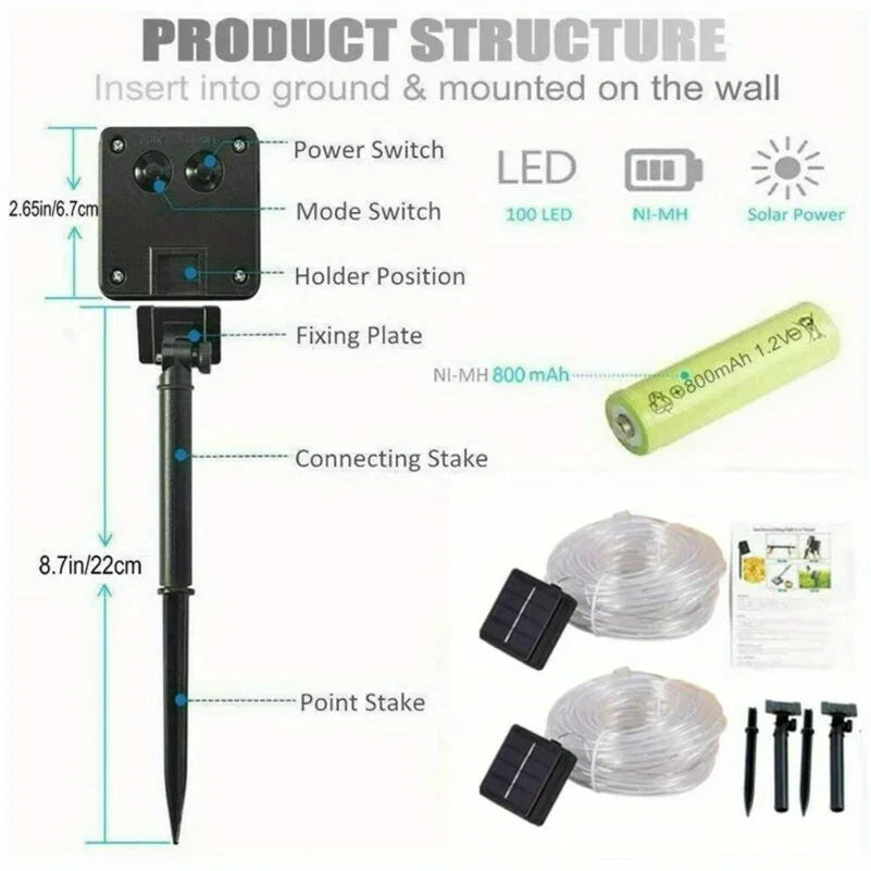 Solar LED String Lights (100/200 LEDs, 10m/20m | 32.8ft/65.6ft) Waterproof IP65 Tube Rope Fairy Lights for Garden Patio Wedding Christmas