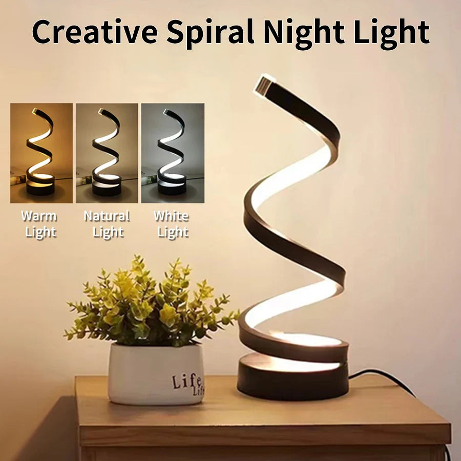 USB Plug-In Spiral LED Night Light – Dimmable 3-Color Adjustable Bedside Desk Lamp for Bedroom, Living Room, Office