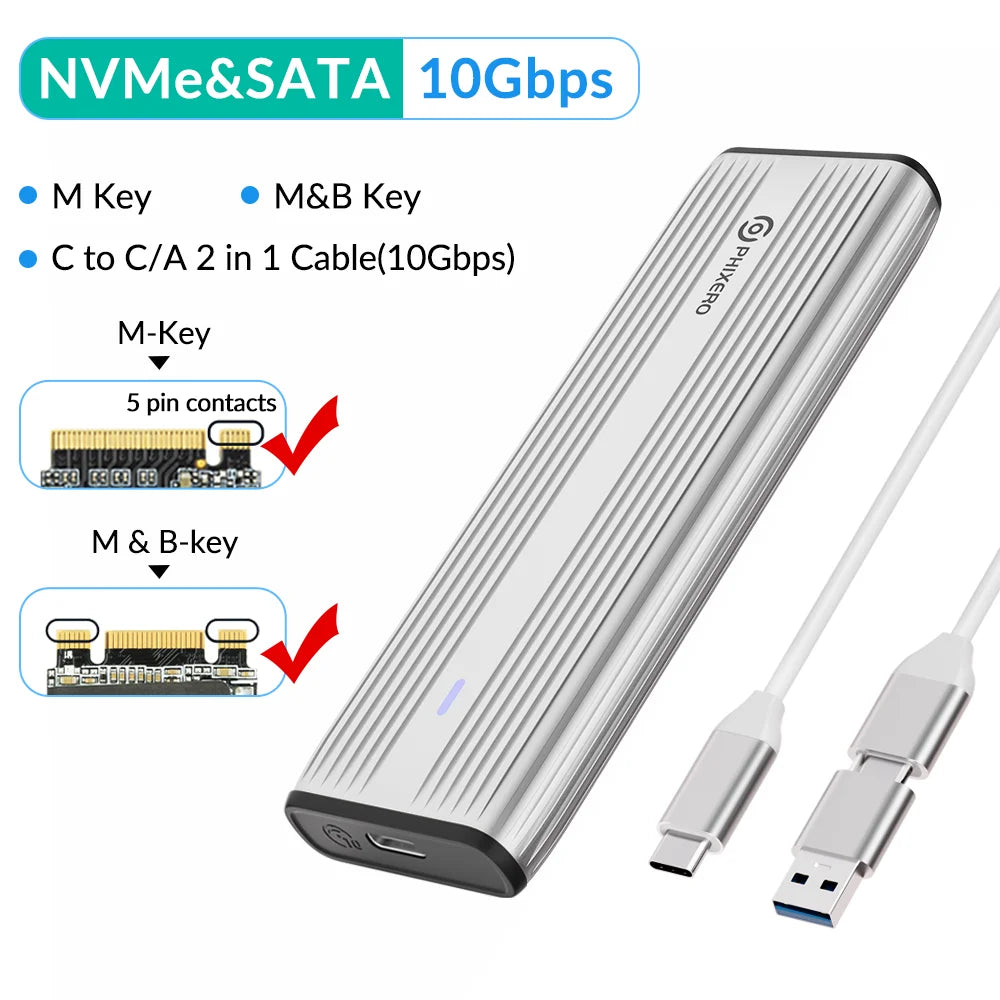 M.2 NVMe & SATA SSD Enclosure USB-C 10Gbps (USB 3.1 Gen2) Tool-Free Aluminum Case — Supports 2230/2242/2260/2280