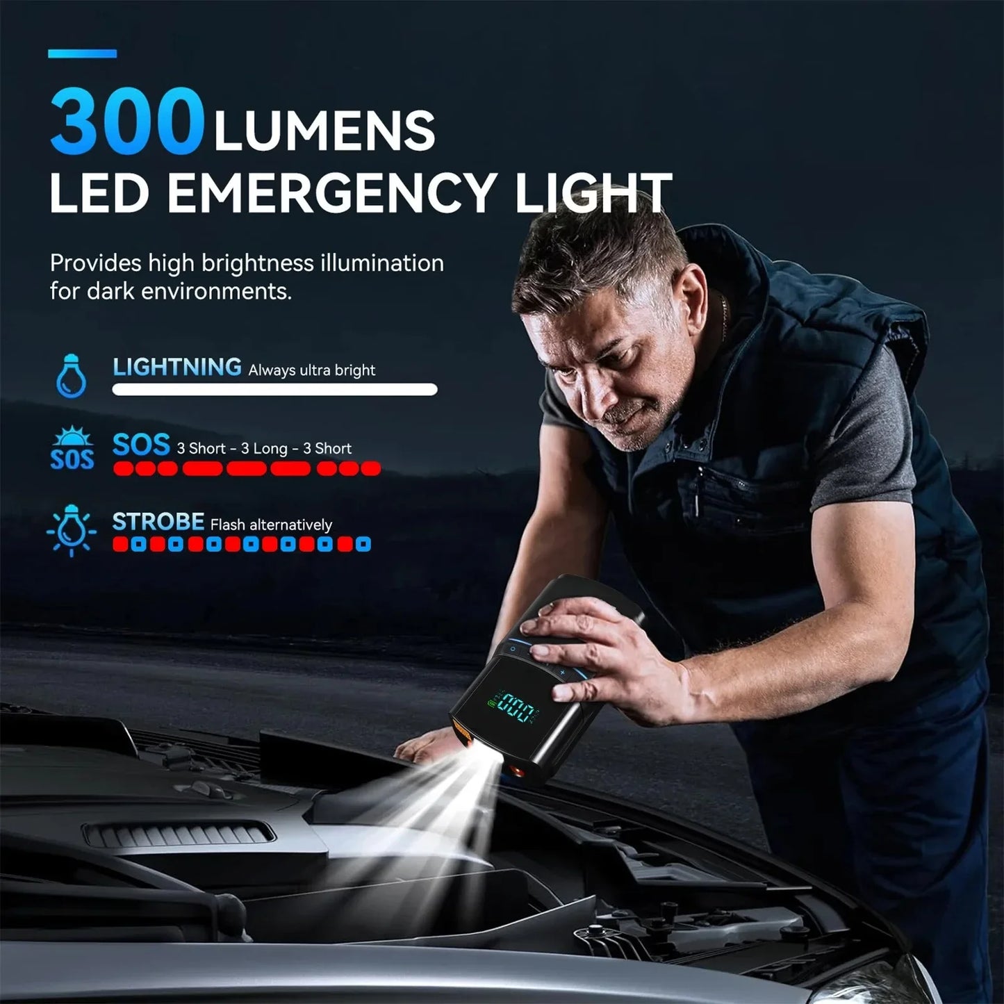 150 PSI Portable Tire Inflator & 3000A Car Jump Starter Power Bank – 12V Battery Booster with LED Flashlight & SOS Light