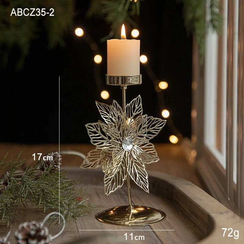 Golden Wrought Iron Christmas Candle Holder - Star, Elk & Tree Holiday Centerpiece for Table Decor