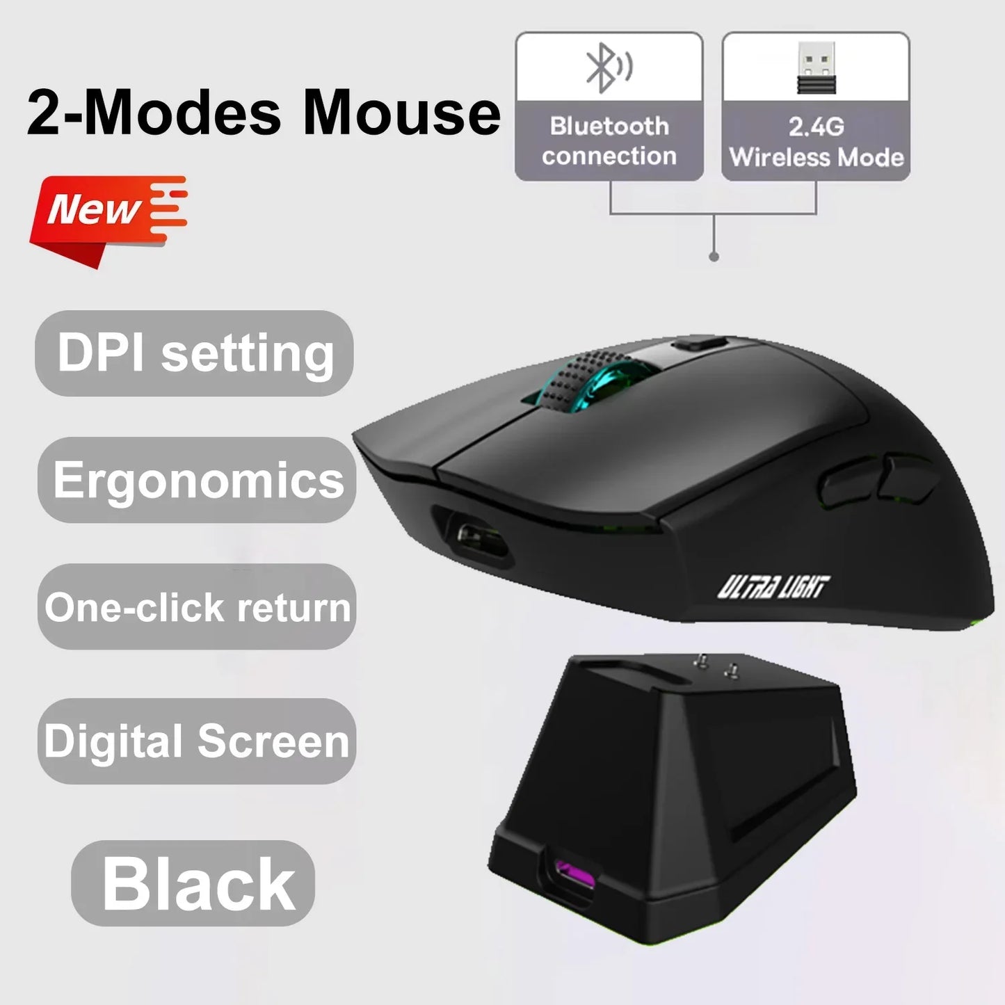 Wireless Ergonomic Gaming Mouse 3-Level DPI Dual-Mode Connection Magnetic Charging Dock