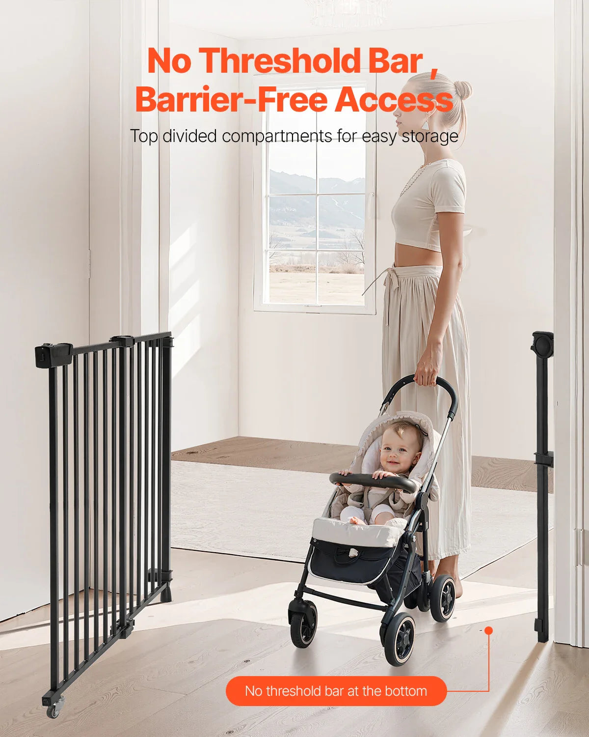 Adjustable Baby & Pet Gate 29.5–43 in (75–109 cm) Width, 28 in (71 cm) High Walk-Through No-Threshold Gate with One-Hand Double-Lock