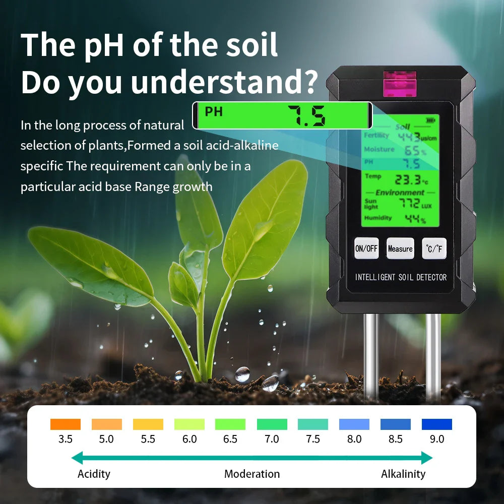 6-in-1 Soil Tester pH Moisture Light Temperature Humidity Nutrient Meter for Garden & Pots