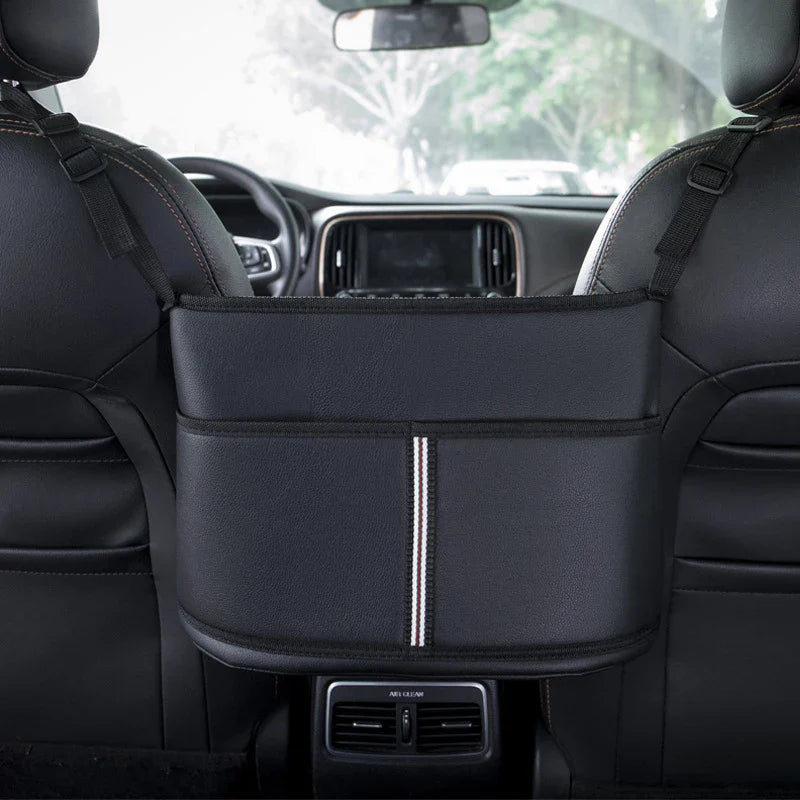 Leather Car Seat Middle Hanger Organizer – Large Capacity Between-Seats Handbag Holder with Tissue & Cup Pockets
