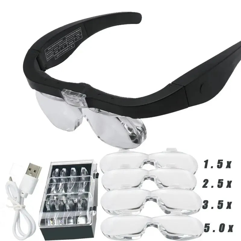 Head-Mounted LED Magnifying Glasses USB Rechargeable – 1.5x, 2.5x, 3.5x, 5.0x Interchangeable Lenses for Watch Repair & Reading