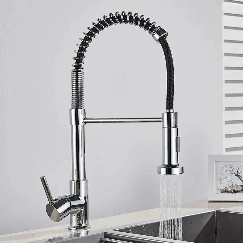 Brushed Nickel Pull-Out Kitchen Faucet — Deck-Mounted Single-Handle 360° Rotating Sprayer, Hot & Cold
