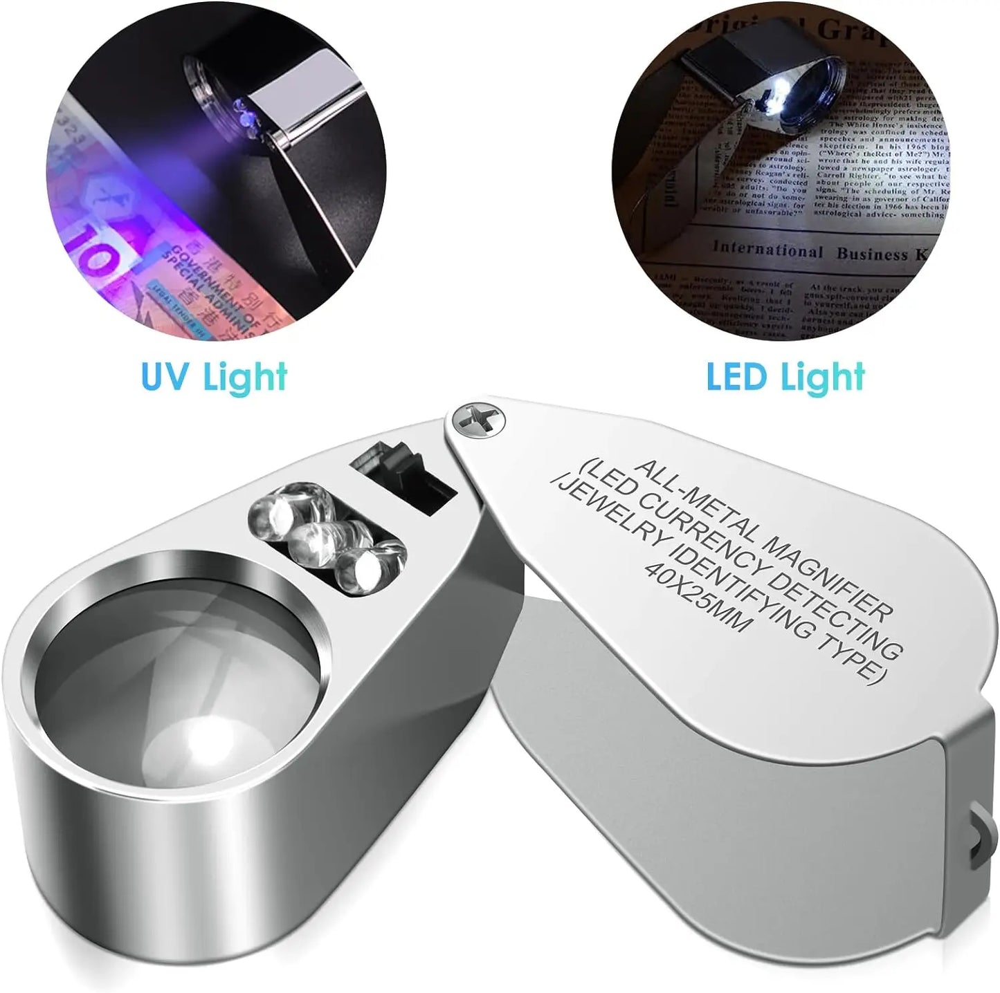 40X Jeweler's Loupe Magnifier LED & UV Illuminated Folding Pocket Magnifying Glass for Jewelry, Coins & Hobbies