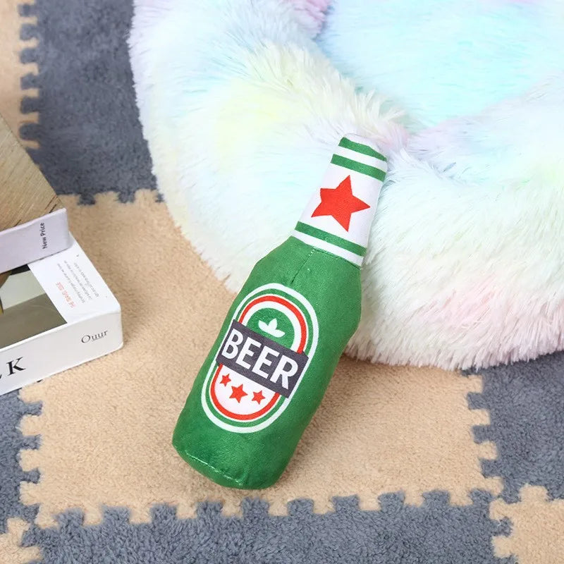 Plush Beer Bottle Dog Chew Toy - Squeaky, Bite-Resistant Interactive Toy for Small to Large Dogs, Teeth Cleaning