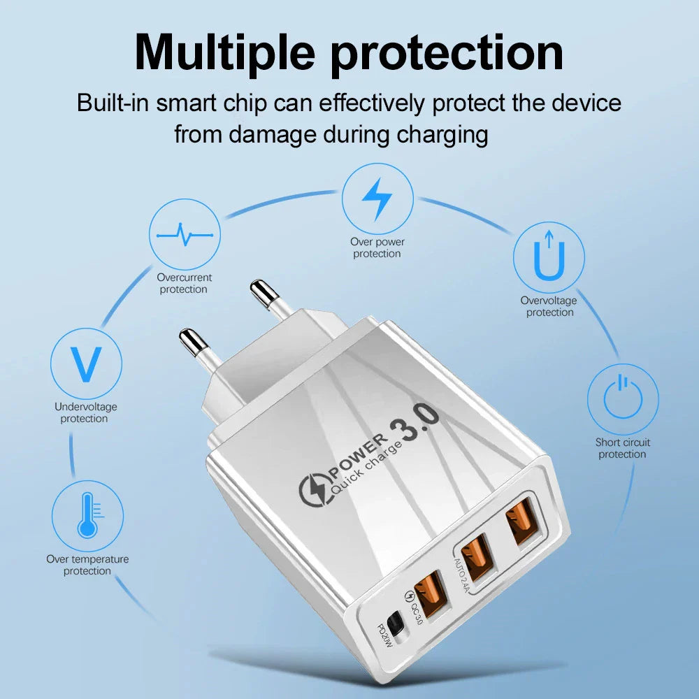 48W USB-C PD Fast Charger — QC 3.0 Wall Charger with EU/US Plug, Universal for Smartphones & Tablets