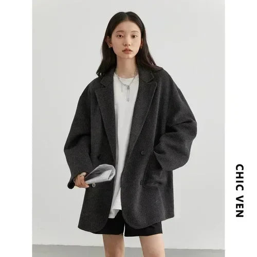 Women's Wool Blend Double-Sided Coat Loose Retro Double-Breasted Office Outerwear for Autumn Winter