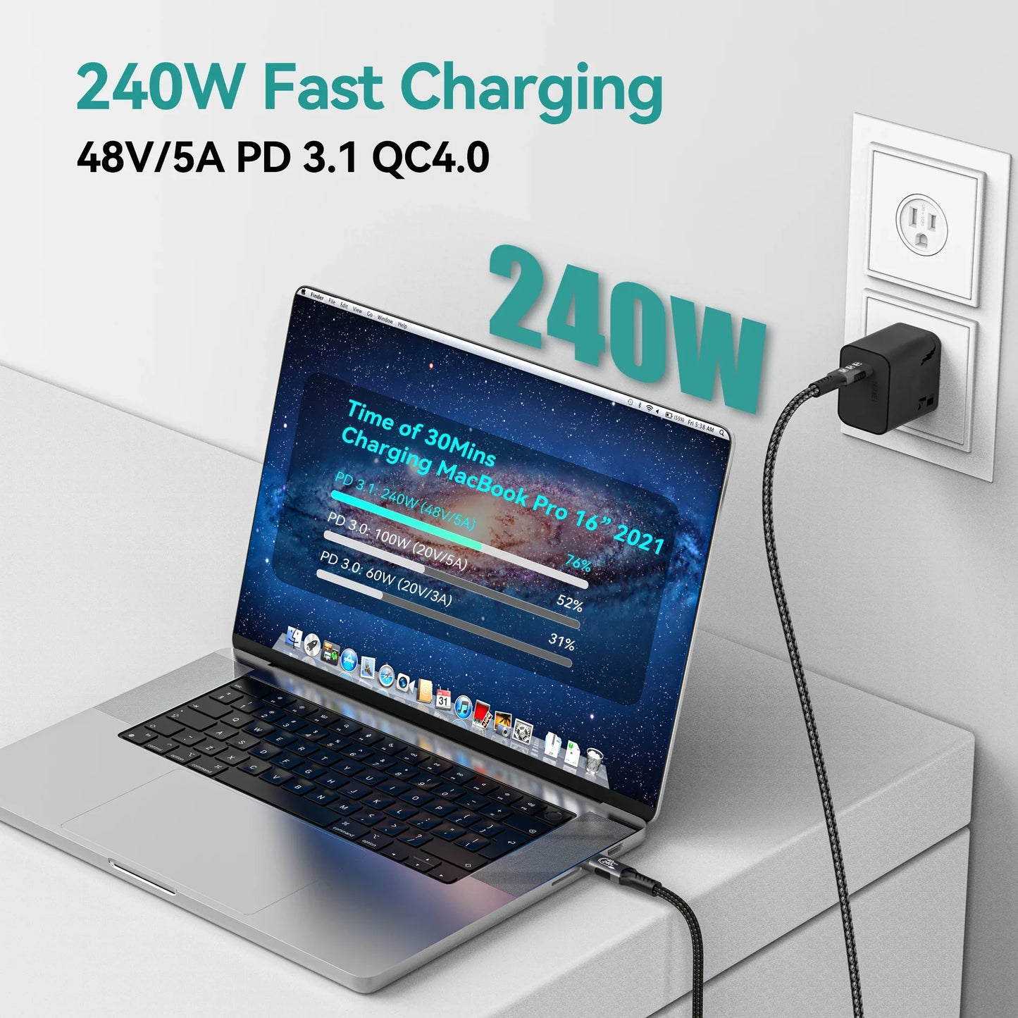 USB4 Thunderbolt 4 USB-C to USB-C Cable — 40Gbps, 240W (48V/5A) PD 3.1, 8K@60Hz Video, Thunderbolt 3 Compatible