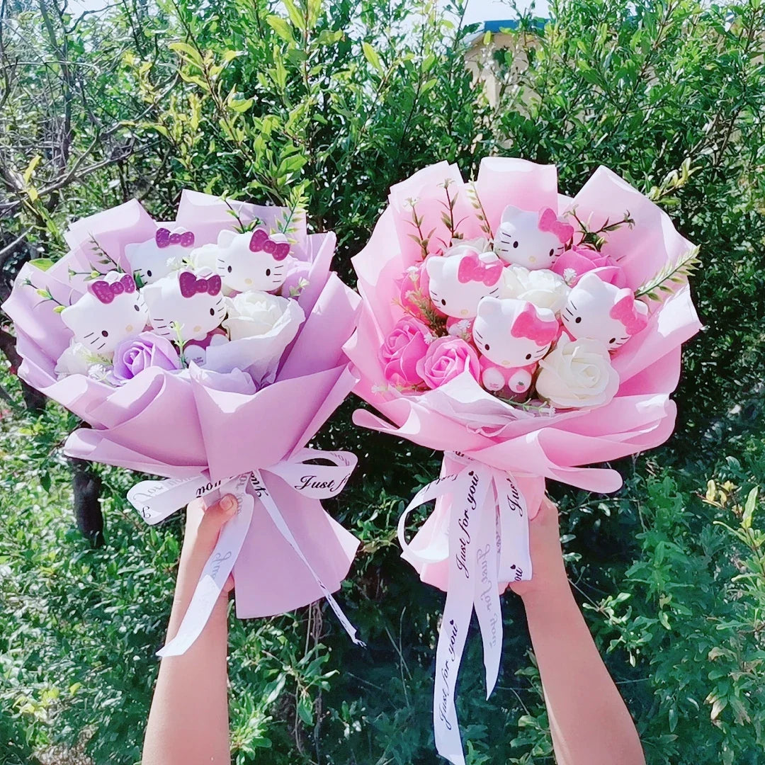 Kawaii Cat Plush Bouquet with Soap Rose Flowers — Cute Valentine's Day, Birthday & Graduation Gift