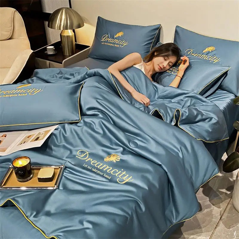 Embroidery Summer Cooling Quilt - Breathable Ice Silk Comforter 4-Piece Bedding Set (Queen 200 x 230 cm / 78.7 x 90.6 in)