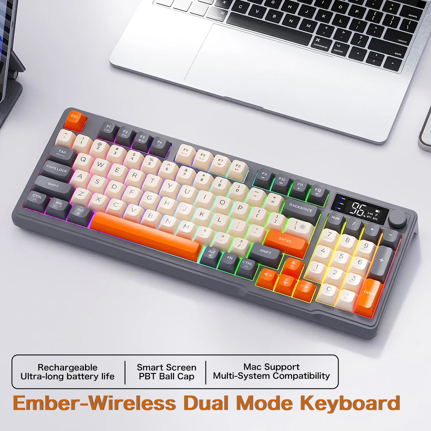 96-Key Bluetooth & 2.4G Wireless Gaming Keyboard with Smart Screen, RGB Backlight, Ergonomic PBT Keycaps — Multi-Device for PC Laptop Tablet