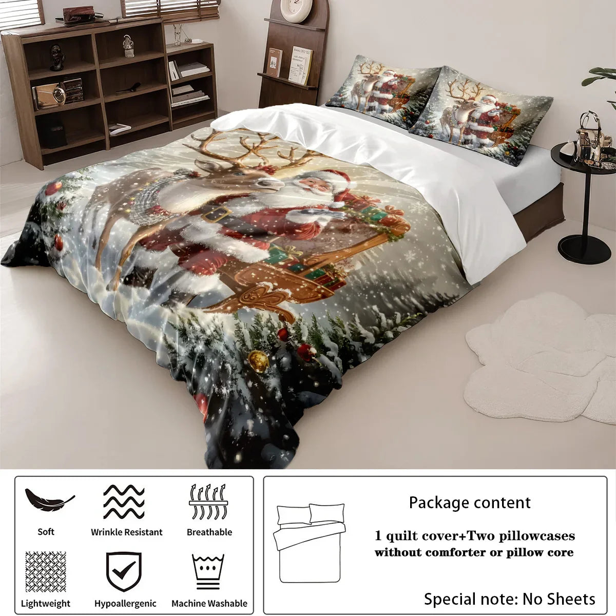 3-Piece Santa Claus Printed Bedding Set – Festive Duvet Cover & Pillowcases, Soft 100% Polyester, Machine Washable, Multiple Sizes (1.0–2.2 m / 3.3–7 ft)