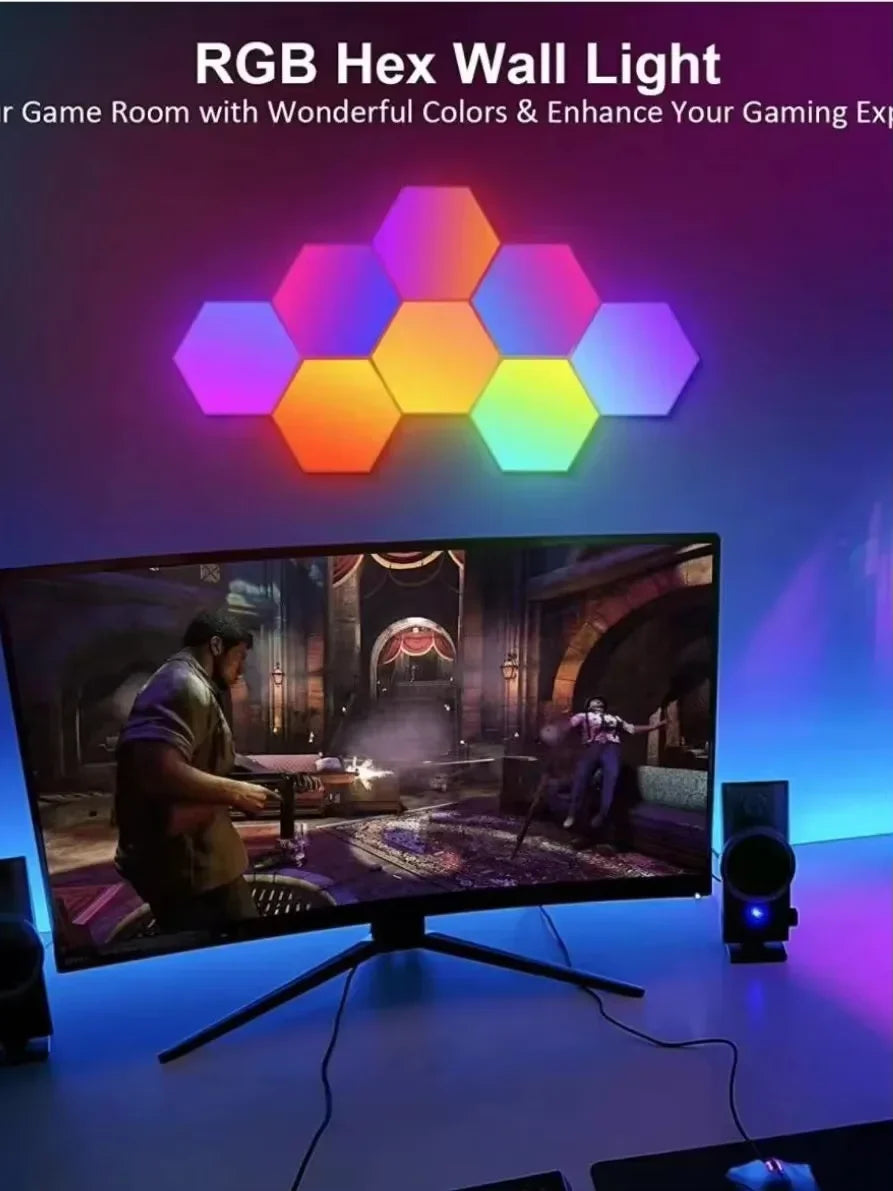 RGB Hexagonal Smart Wall Lamp – DIY Color-Changing Ambient Night Light with Music Sync & App Control for Game Room and Bedroom