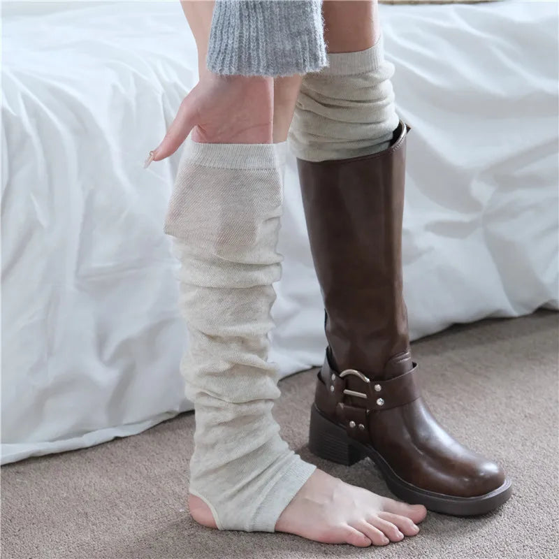 Women's Gray Knit Calf Leg Warmers - Cotton-Blend Ballet Pile Socks for Autumn