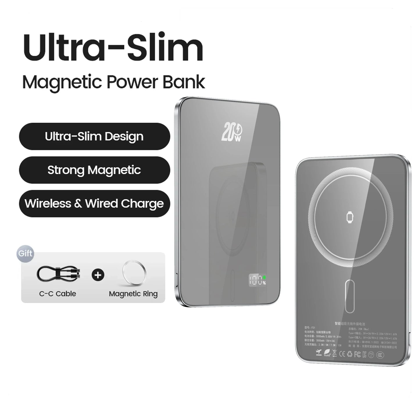 Magnetic 10,000mAh 20W Wireless Power Bank — MagSafe-Compatible Slim USB-C Portable Charger for iPhone, Apple Watch & Samsung