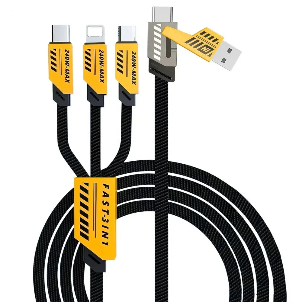 240W 2-in-3 Nylon Braided Multi-Port Fast Charging Cable USB-A + USB-C to USB-C, Lightning & Micro USB