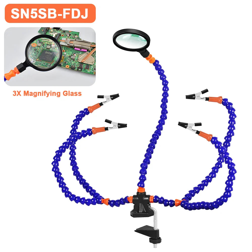 3X (55mm) Magnifier Soldering Helping Hands with PCB Holder and 5 Flexible Arms, Desk Clamp Station