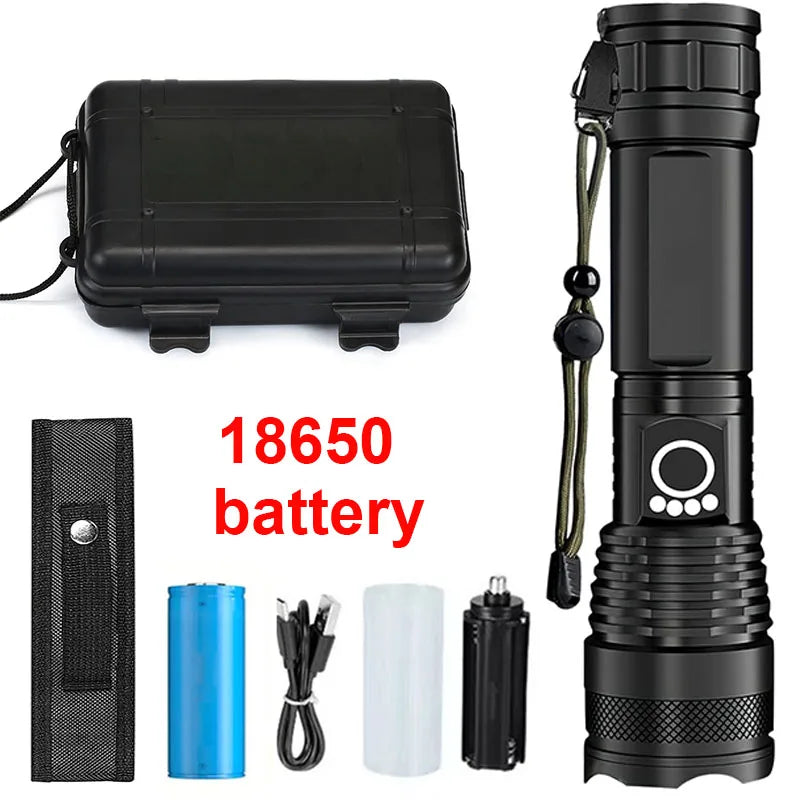 High-Power Rechargeable LED Tactical Flashlight, Aluminum Telescopic Zoom, USB-C, IPX65 Waterproof for Camping & Fishing