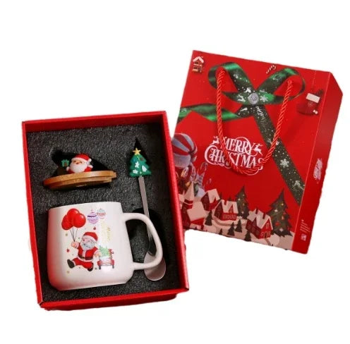 Christmas Tree Ceramic Mug with Lid and Spoon, Holiday Coffee & Tea Gift