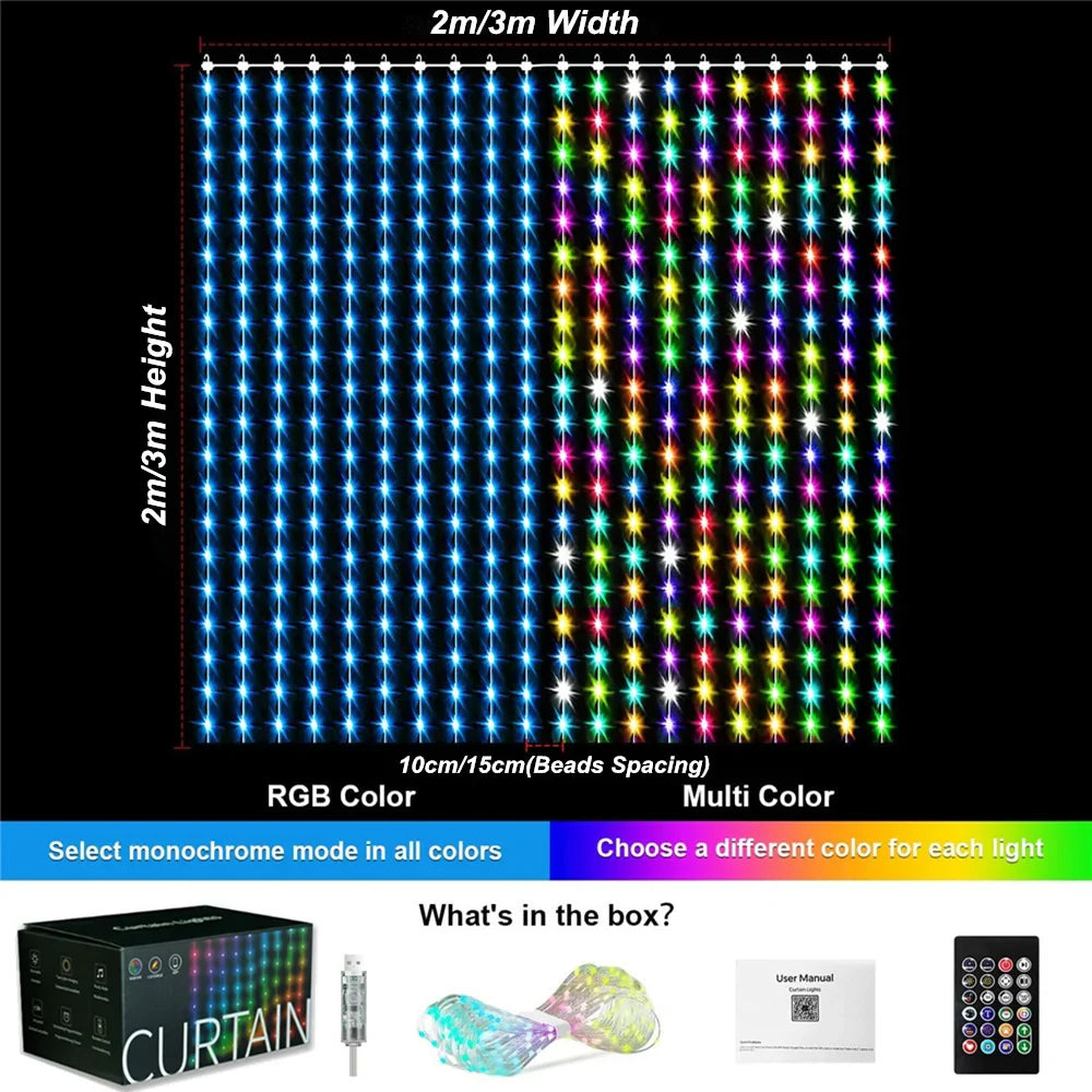 400–800 LED RGB Smart Curtain Lights with App, Remote & Music Sync — Party, Wedding & Valentine's Day Decor