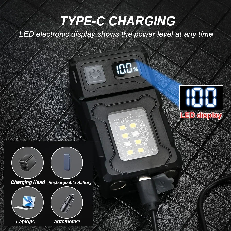 Mini USB Rechargeable LED Flashlight with Tail Magnet – 300 Lumen COB Side Light, Type-C Portable Camping Lantern & Power Bank