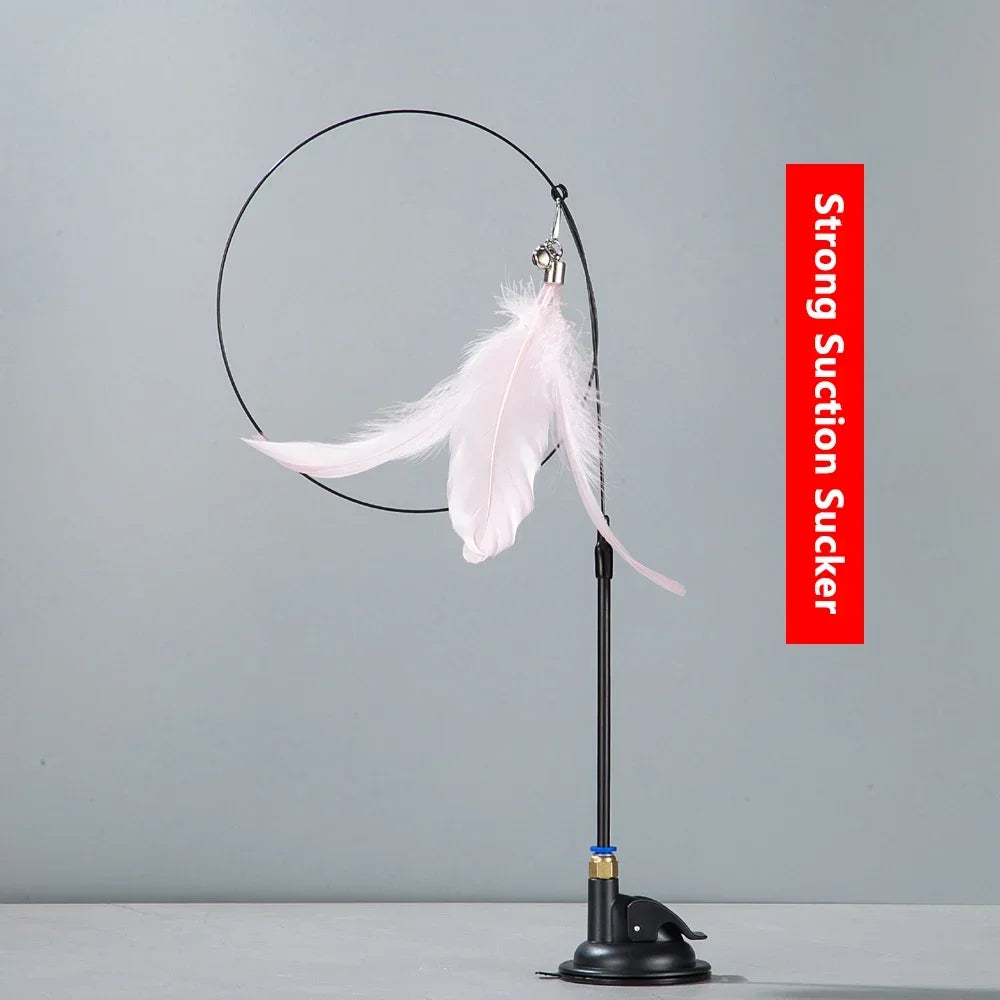 Interactive Cat Feather Teaser Wand with Bell, Extendable Rod, Suction Cup & Replaceable Feather Head