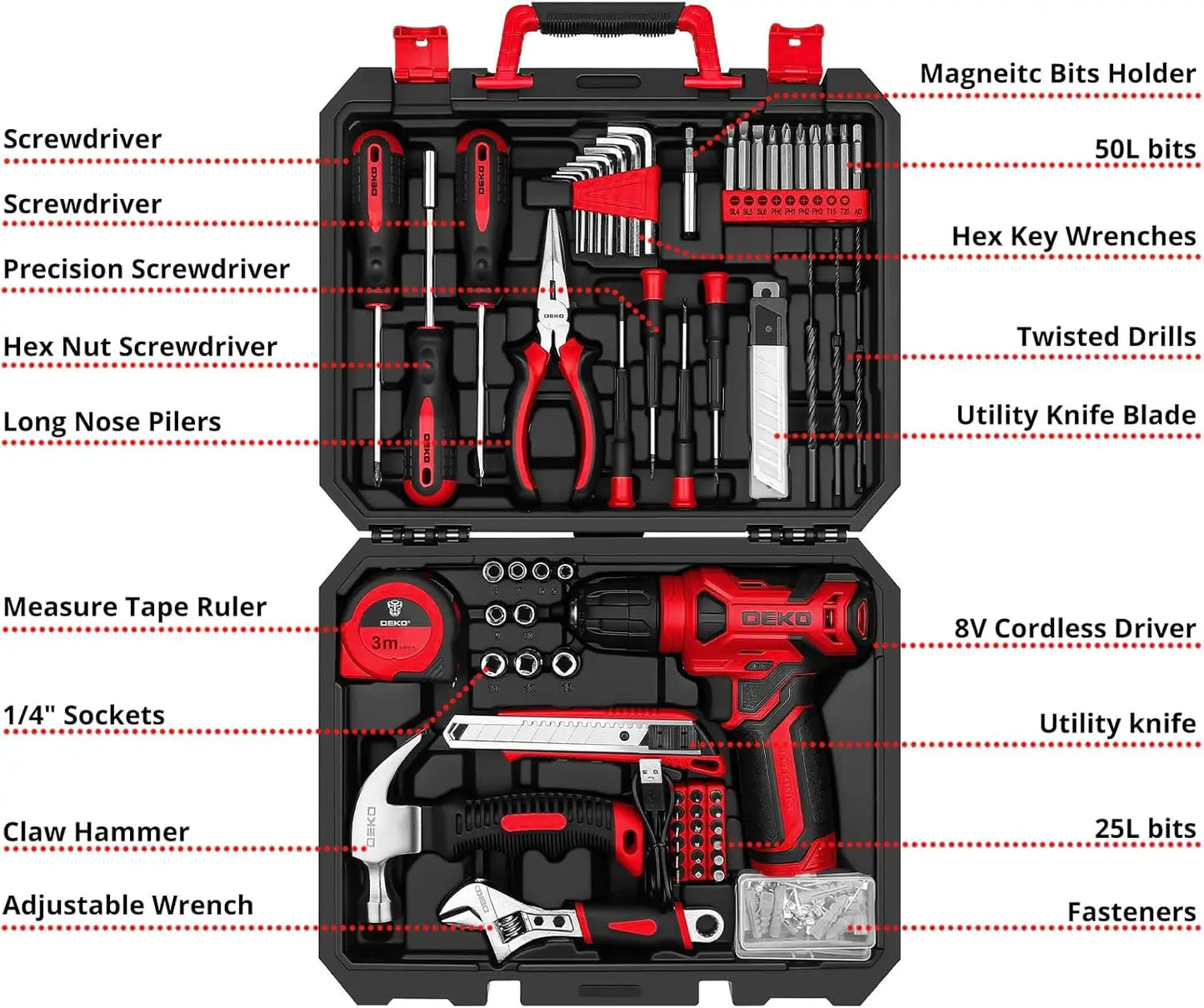 8V Cordless Drill 126-Piece Home Tool Kit - Red Electric Drill & Hand Tools for DIY