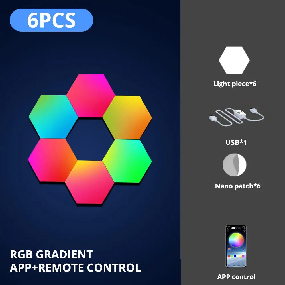 RGB Hexagonal Smart Wall Lamp - Color-Changing LED Panels with App Control, Music Sync & DIY Ambient Night Light for Bedroom Game Room