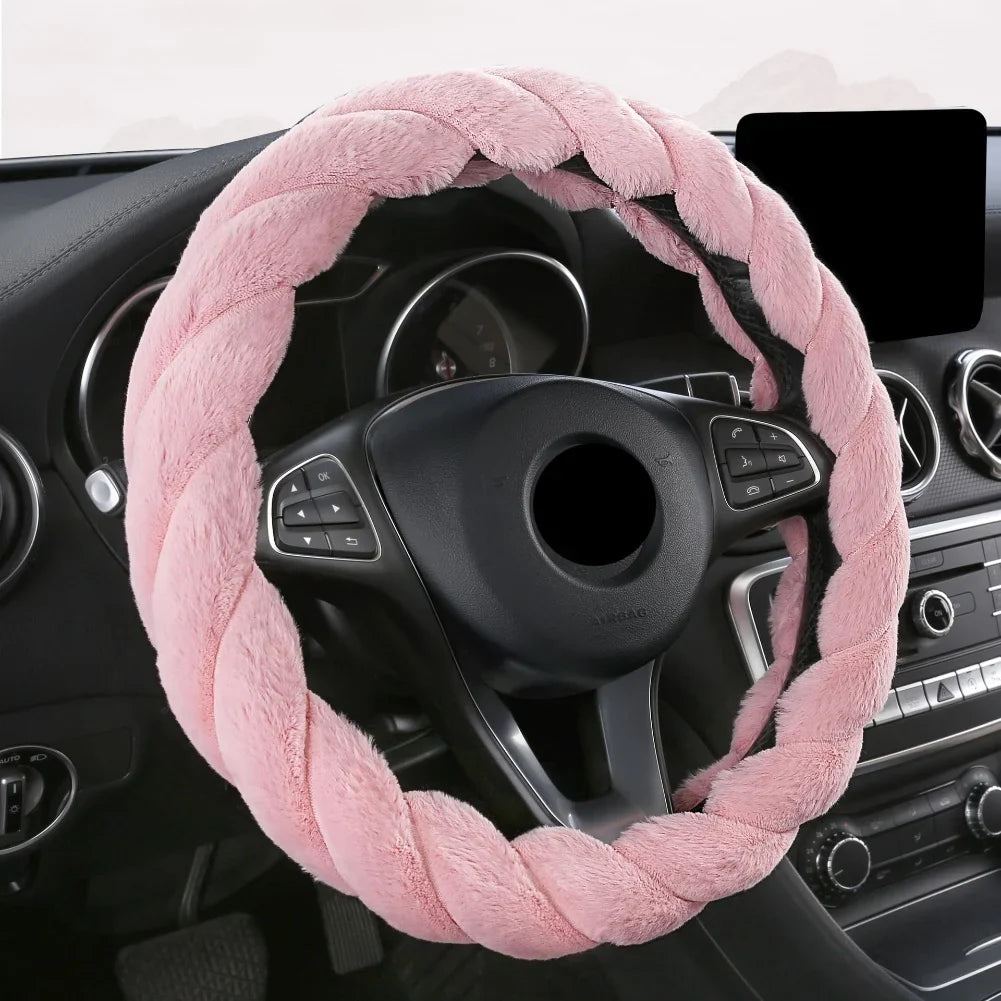 Fluffy Plush Steering Wheel Cover 38 cm (15 in) Pink, Warm Non-Slip Grip, Easy Install