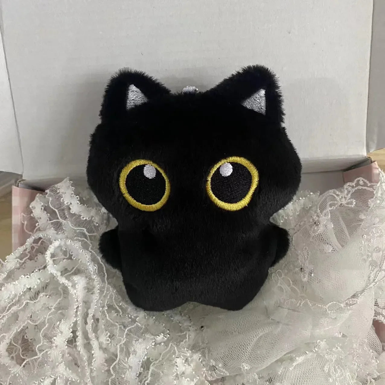 Black Cat Plush Toy 4 in (10 cm) Mini Soft Stuffed Animal Pendant Keychain Cushion Gift for Kids Girls