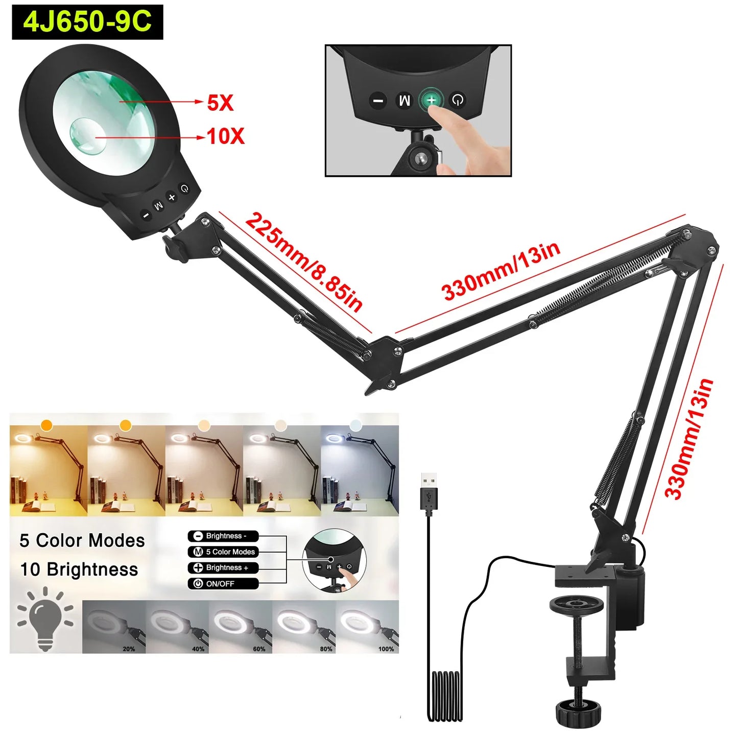Adjustable 5X/10X Magnifying Lamp with 110mm (4.3 in) Lens - Touch 5-Color LED, 10-Level Dimming, Long Swing Arm Clamp Light for Reading, Jewelry & Soldering