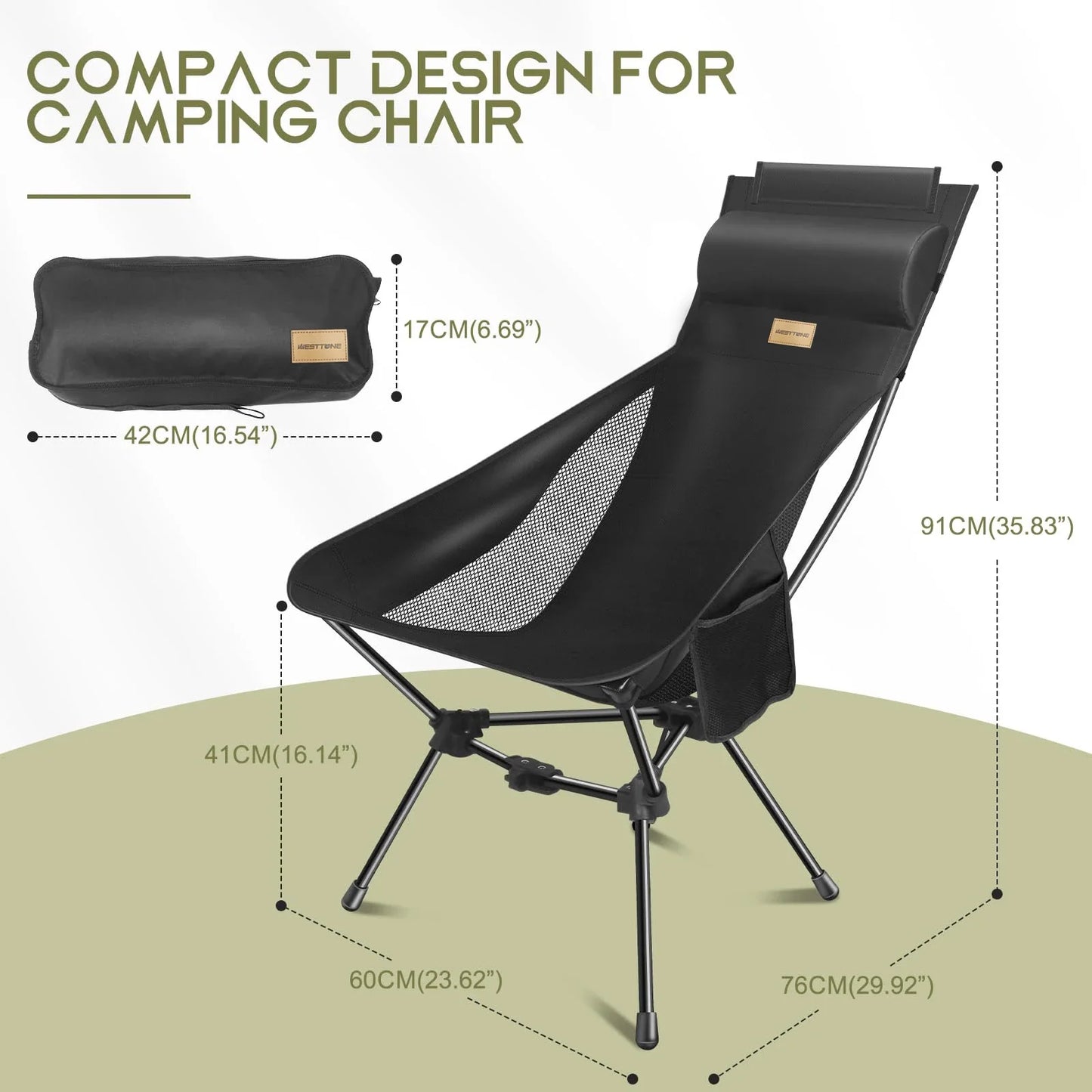 Ultralight Foldable Moon Camping Chair with Headrest, Portable Fishing & Travel Chair with Pillow and Carry Bag