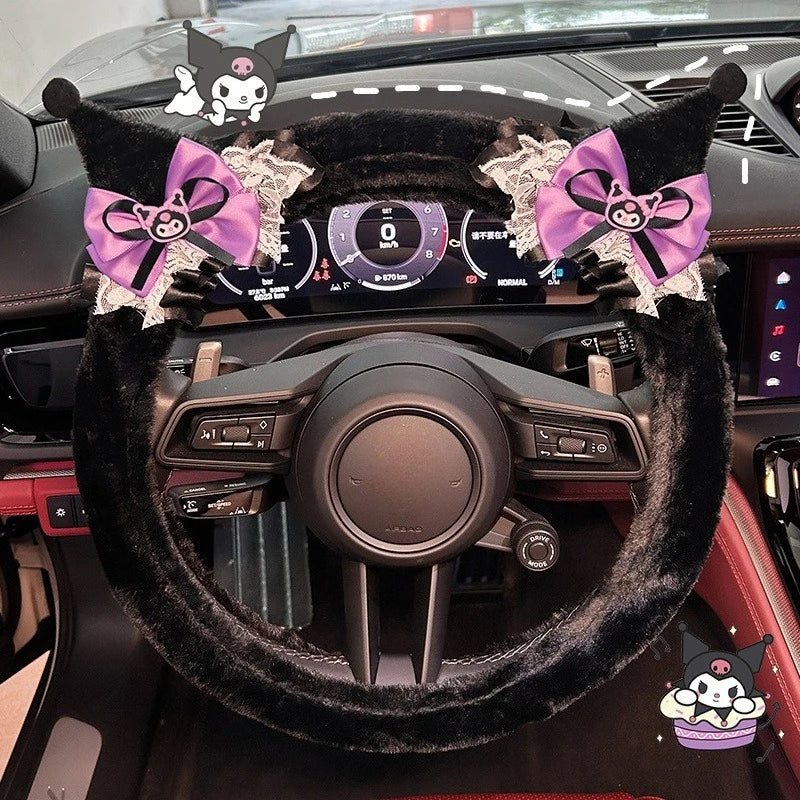 Kuromi Plush Steering Wheel Cover Soft Warm Anti-Slip 38cm (15 in) Car Accessory for Girls