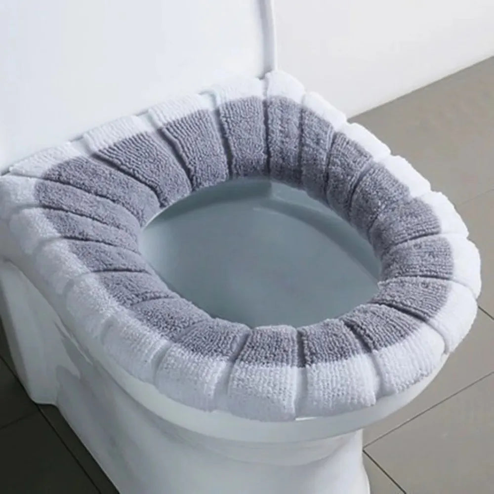 1-Piece Washable Knitted Toilet Seat Cover, Thick Soft Cushion with Handle, Fits Round and Oval Seats