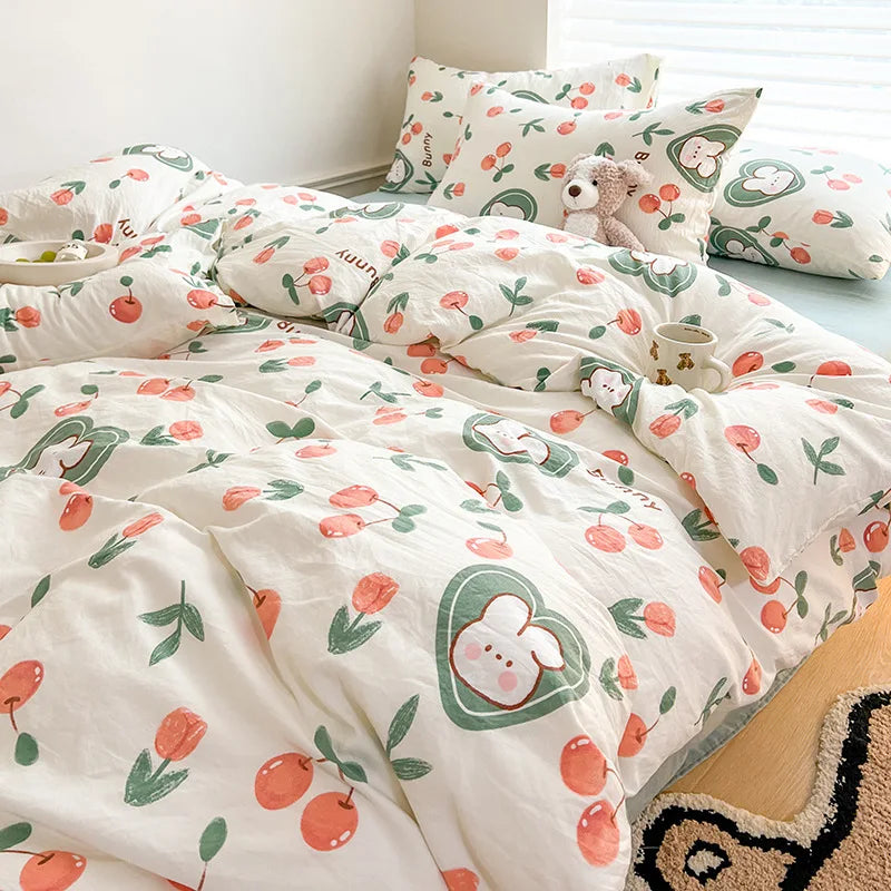 Floral Kawaii Bed Linen Set - Bed Sheet & Duvet Cover Twin / Full / Queen / King (3-4 Pc)
