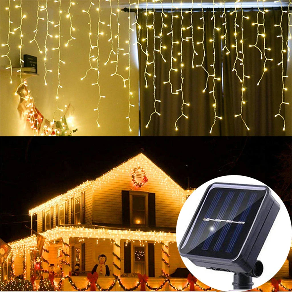 Solar Curtain Icicle Fairy String Lights 3.5M (11.5 ft) IP65 Waterproof Outdoor Wedding & Christmas Garden Decor