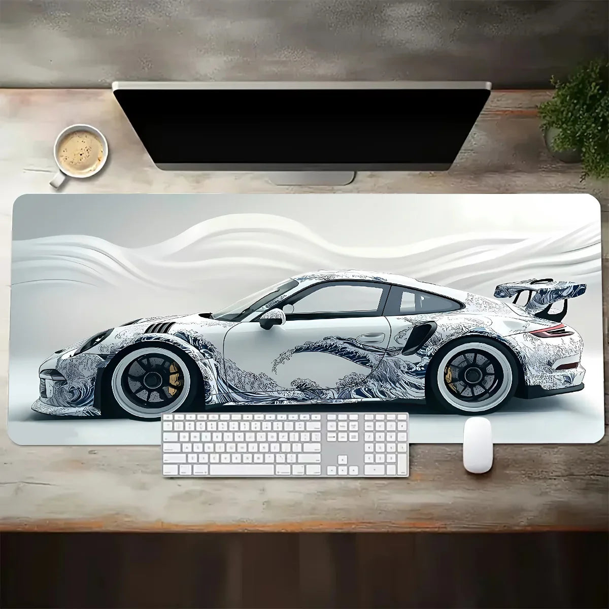 Large Extended Gaming Mouse Pad – White Sports Car Design, Anti-Slip Rubber Base Desk Mat for Gamers & Office