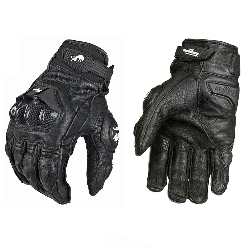Unisex Leather Motorcycle Riding Gloves - Racing Motorbike Gloves with Protective Padding, Adjustable Strap - Black/White/Red