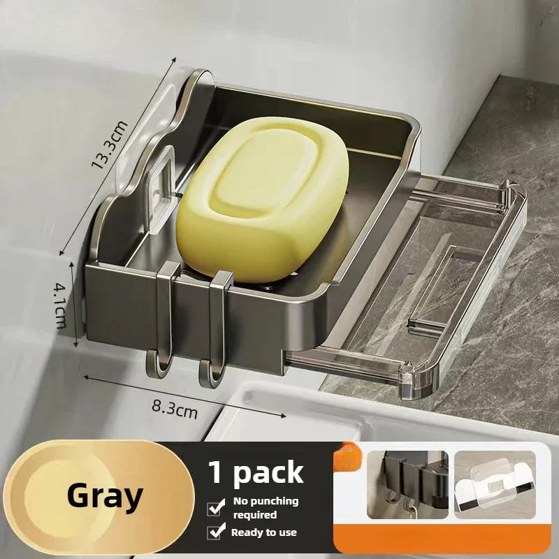 Wall-Mounted Free-Punch Soap & Sponge Holder, Double-Drain Plastic Soap Dish (11.3×8.3×4.1 cm | 4.45×3.27×1.61 in)