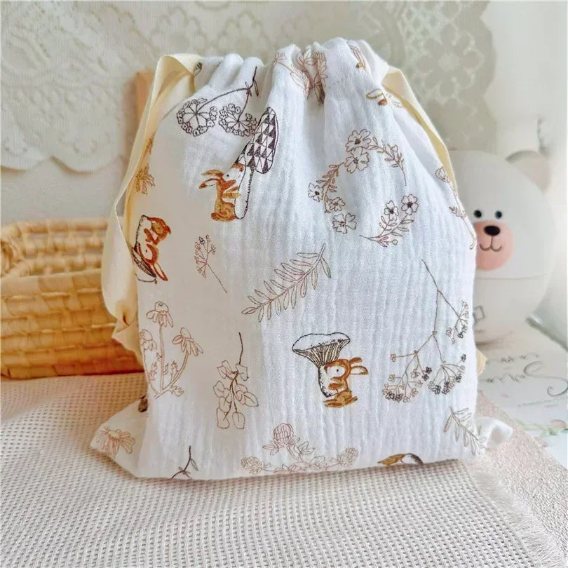 Printed Floral Diaper Bag – Cotton Drawstring Mommy Nappy Bag, Travel & Stroller-Friendly Organizer
